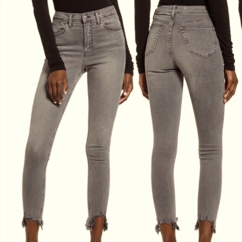 TOPSHOP Gray Jeans Jamie Chewed Hem Distressed High Rise Skinny Petite 32X28